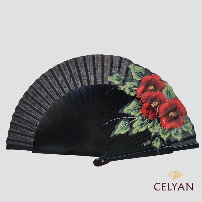 Abanico Flores Negro R 2567