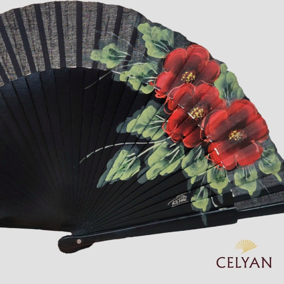 Abanico Flores Negro R 2567