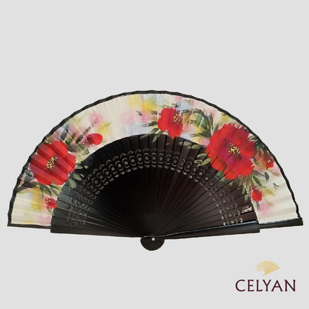 Abanico Flores Negro R 1077
