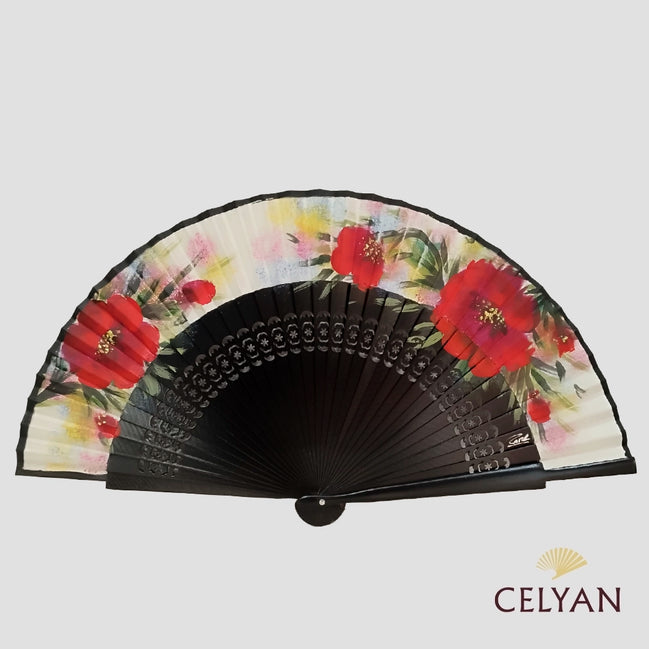 Abanico Flores Negro R 1077