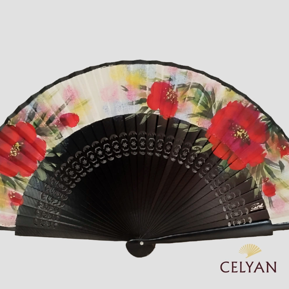Abanico Flores Negro R 1077