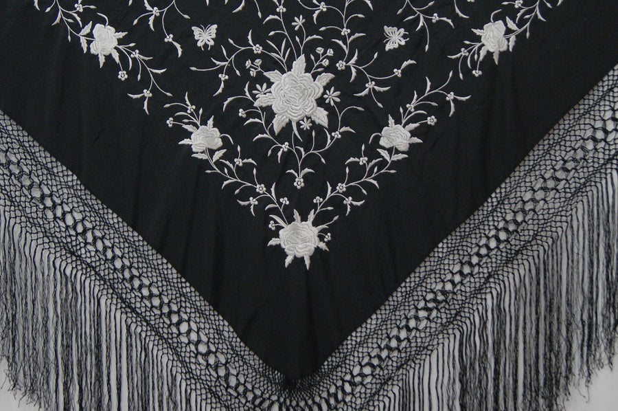 Mantón Bordado Máquina Negro - Marfil