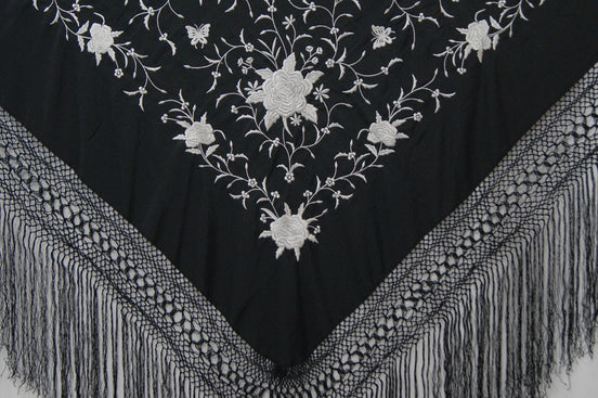 Mantón Bordado Máquina Negro - Marfil