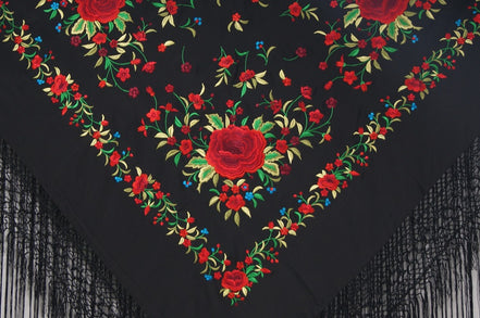 Mantón Bordado Máquina Negro - Rojo