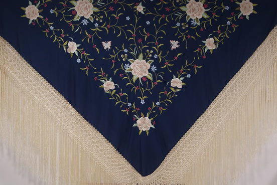 Mantón Bordado Máquina Azul Marino