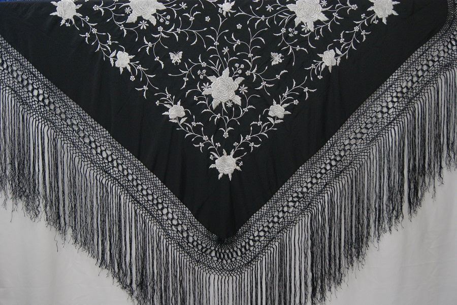 Mantón Bordado Máquina Negro - Marfil