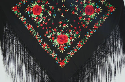 Mantón Bordado Máquina Negro - Rojo