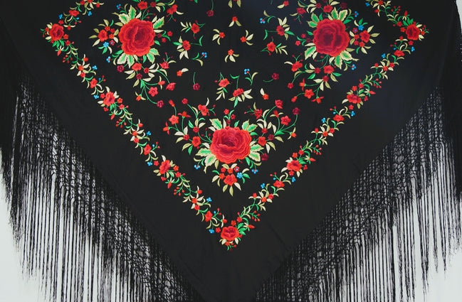 Mantón Bordado Máquina Negro - Rojo