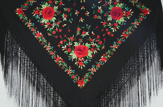 Mantón Bordado Máquina Negro - Rojo