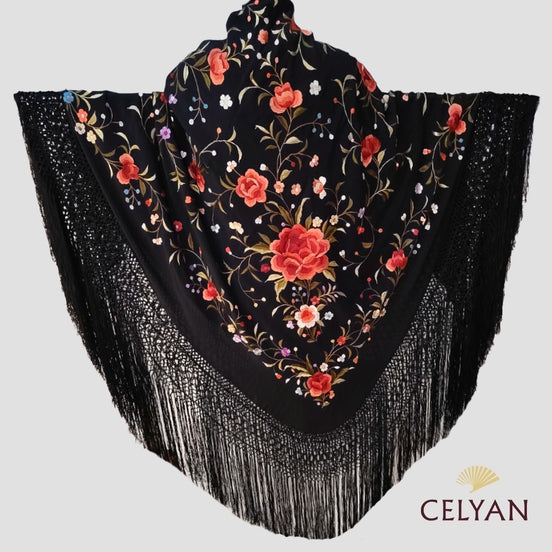 Mantón Bordado Mano En Seda Negro 291
