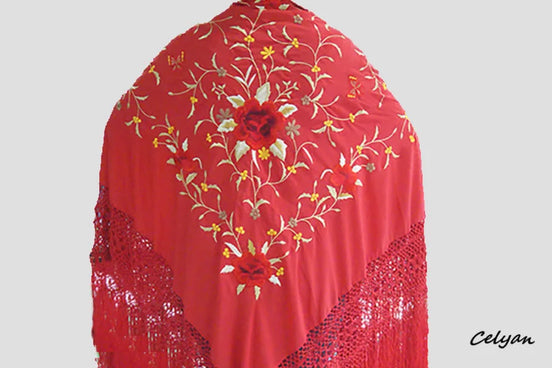 Mantón Bordado Máquina Rojo